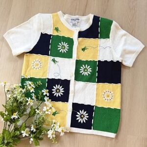 VTG! Alfred Dunner Petite Patchwork‎ Beaded Cardigan Top Flower Frog Cottagecore
